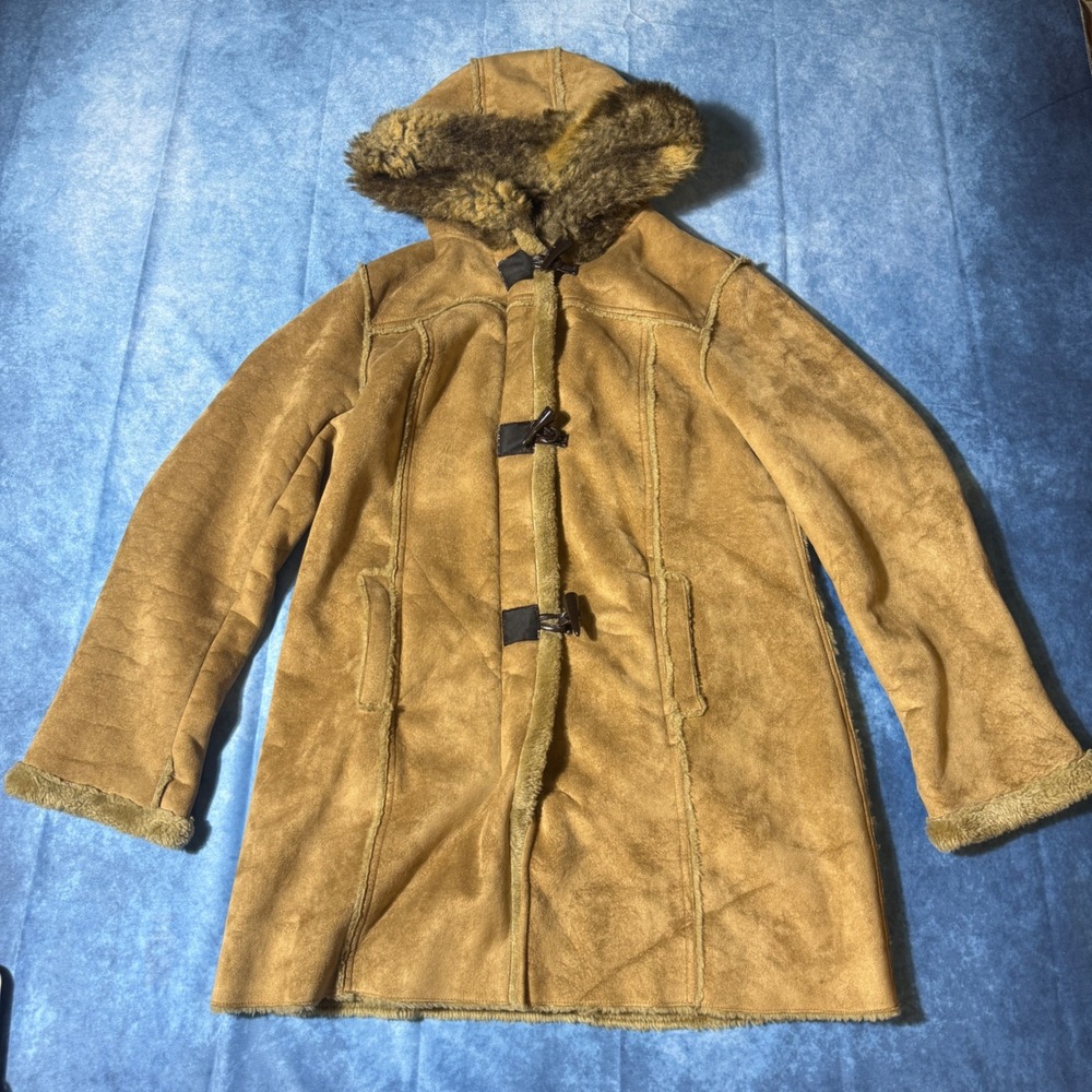 Y2K Chadwick's Faux Shearling Toggle Coat Brown Fur Hood Women's M‎